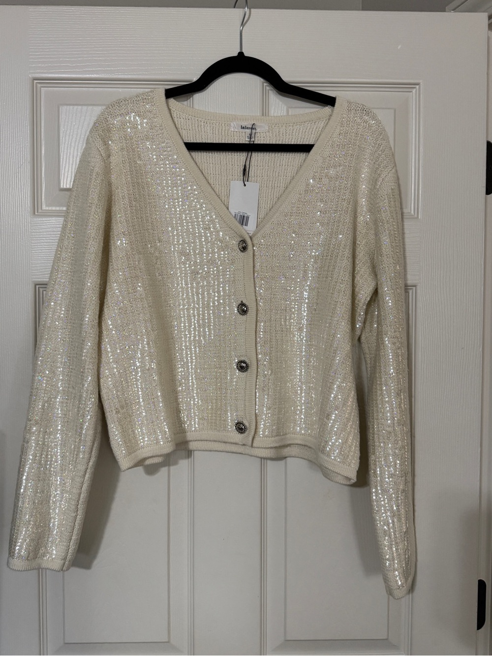 Ivory Sequin V-Neck Button Cardigan